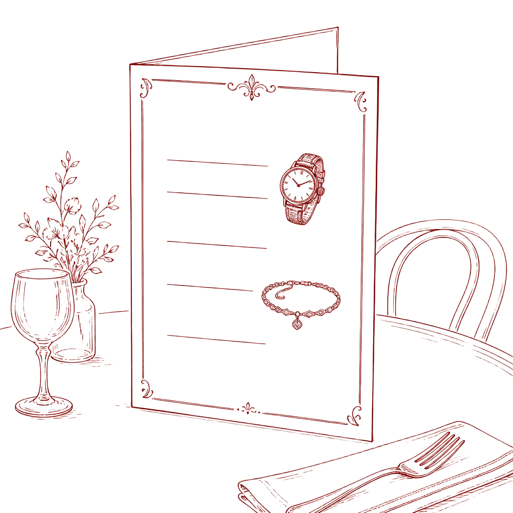 Illustration of a menu card presenting a watch and a bracelet